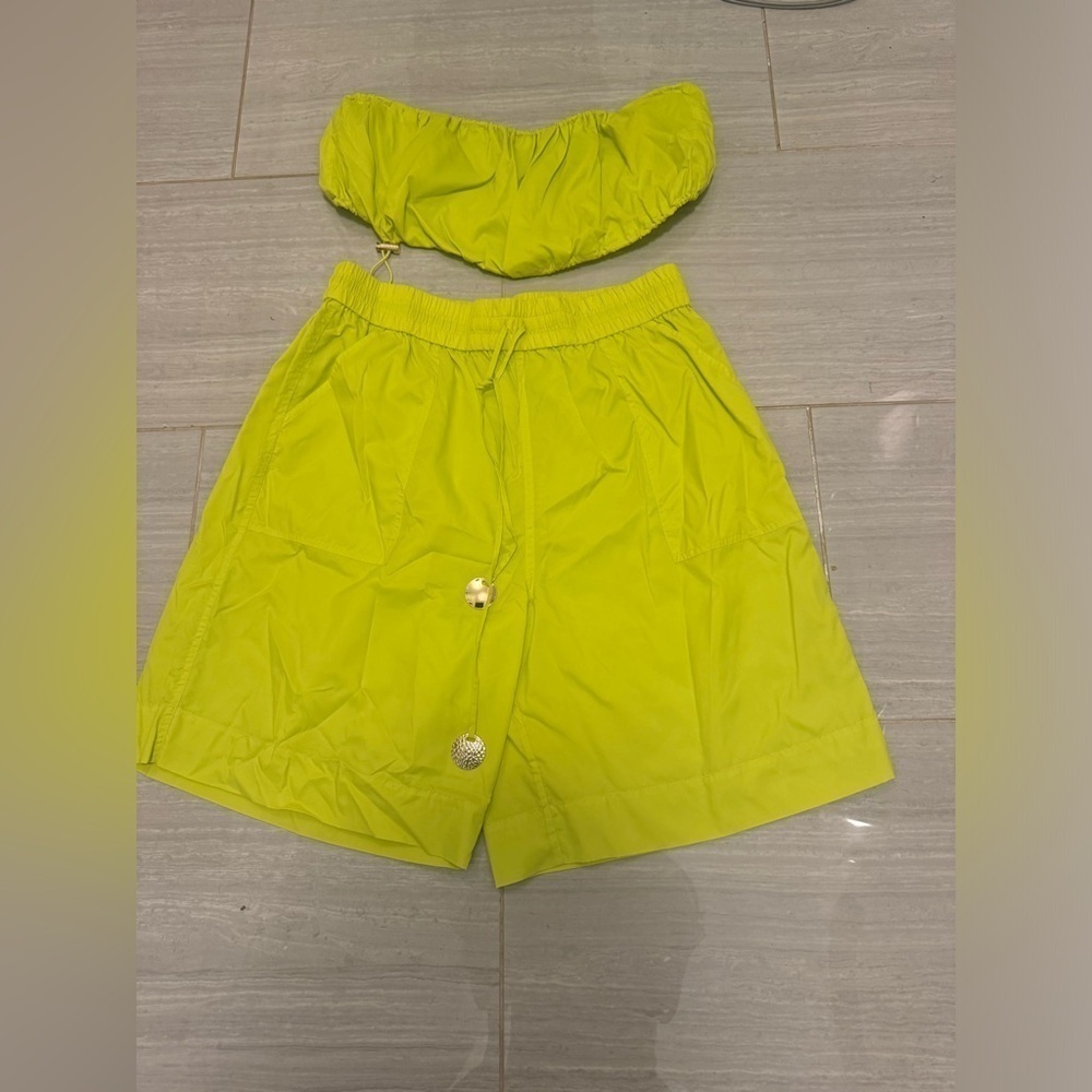 Staud- Lime Elastic Waist Jeter Short and Matching Gigi Strapless Crop Top Set - Picture 7 of 9